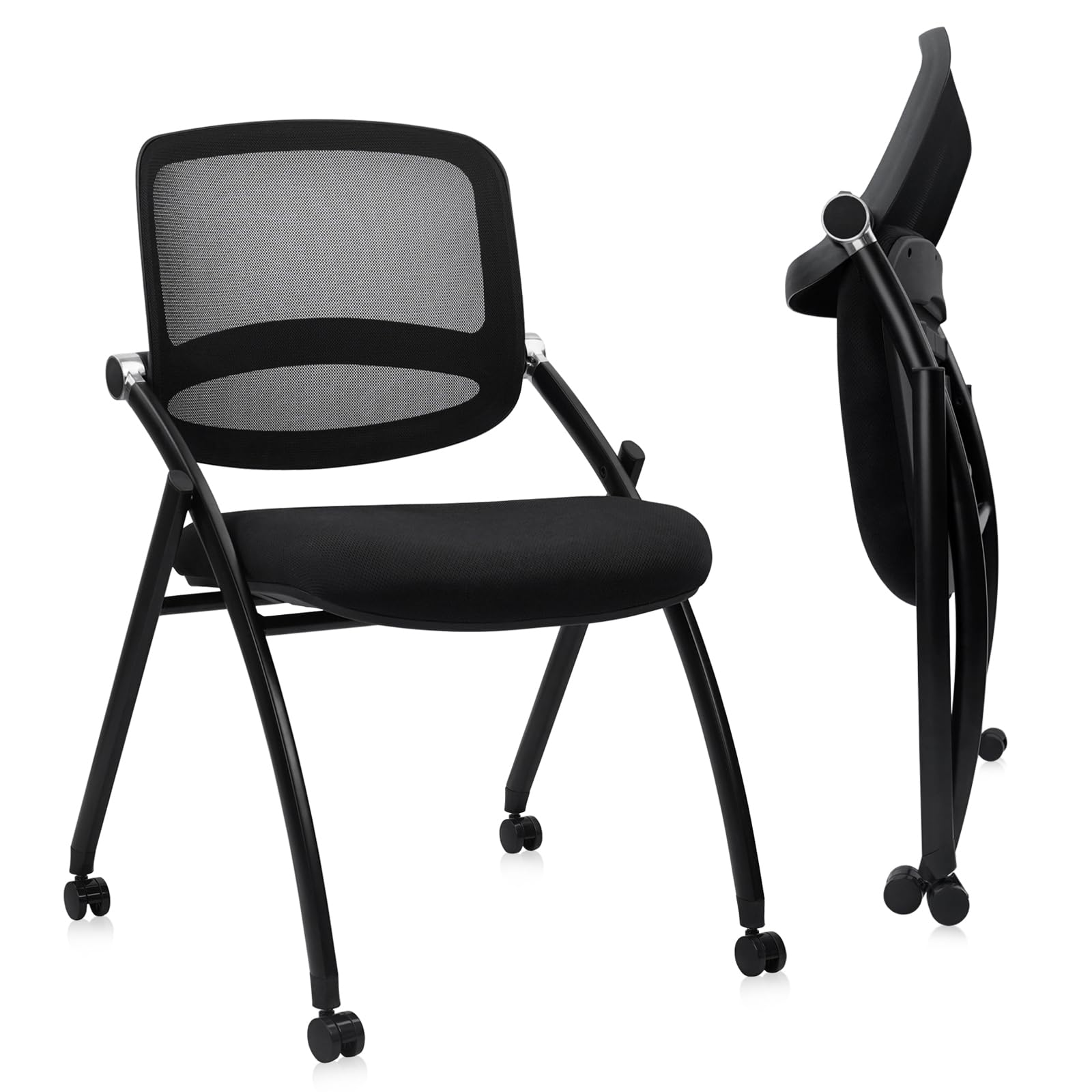 2PACK, Stackable & Foldable Chairs with Wheels, Reception Guest Chairs with Lumbar Support, Ergonomic Curved Mesh Back Folding Chair for Office Schools Conference Waiting Room, Black