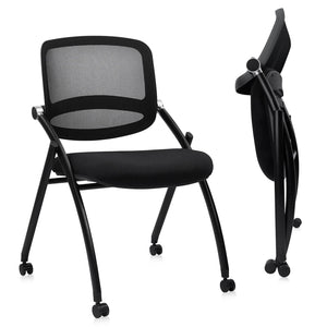 2PACK, Stackable & Foldable Chairs with Wheels, Reception Guest Chairs with Lumbar Support, Ergonomic Curved Mesh Back Folding Chair for Office Schools Conference Waiting Room, Black