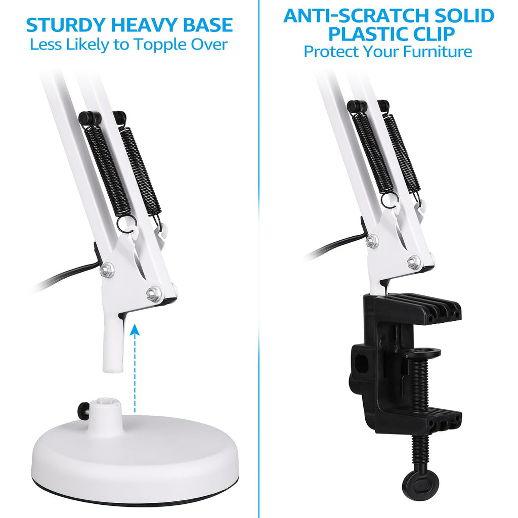 Metal Desk Lamp with Clamp, Swing Arm, Architect Adjustable Gooseneck Table Lamp, Clip Desk Lights for Home Office, Work, Study, Reading, E26 Base, Multi-Joint, White