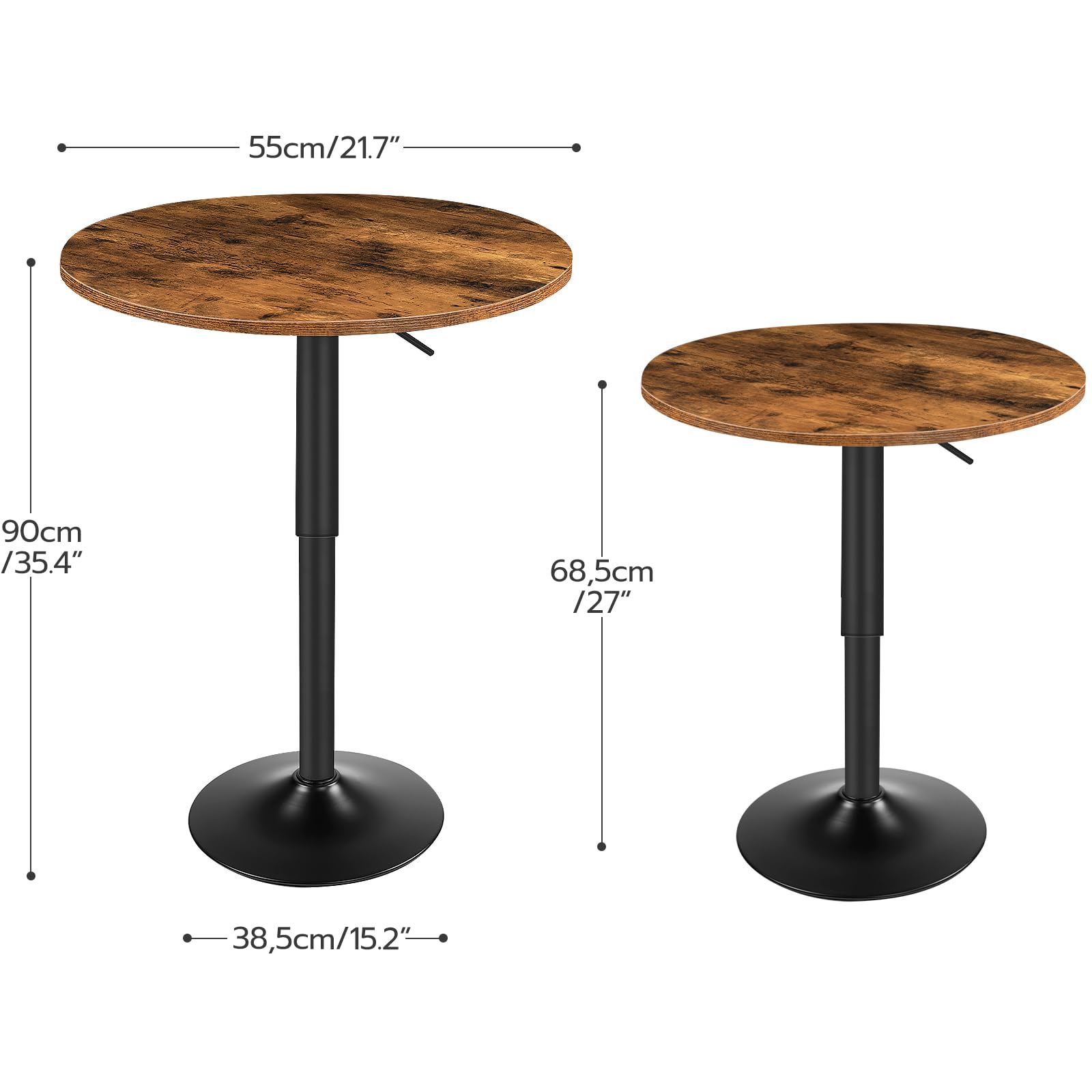 Bar Table, Height-Adjustable Round Pub Table 27-35.4 Inches with Sturdy Base, Modern Style, Easy to Assemble, Suitable for Small Space, Rustic and Black