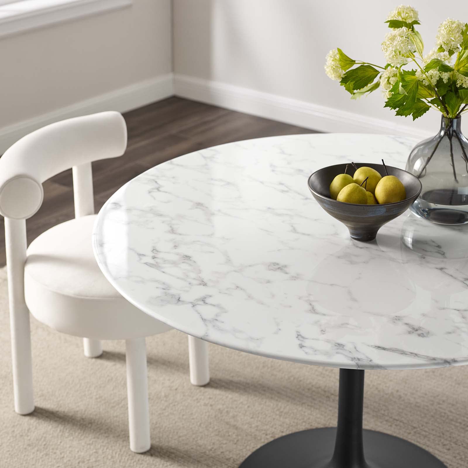 47" Round Artificial Marble Dining Table, Top, Black Base