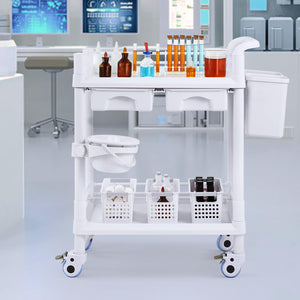 Medical Mobile Trolley Cart with 2 Drawers & 3 Trash Cans, 2 Tiers Beauty Salon Rolling Trolley with 4 Silent Wheels & 2 Dirts Bucket & Bowl, Medical Utility Cart for Hospital Dental Clinic Lab