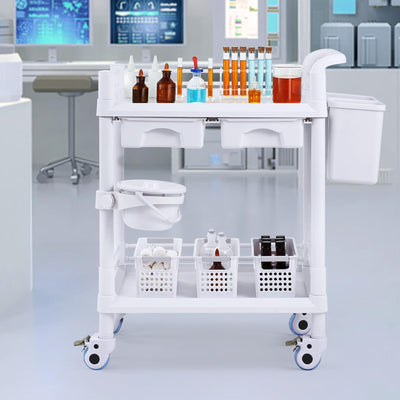 Medical Mobile Trolley Cart with 2 Drawers & 3 Trash Cans, 2 Tiers Beauty Salon Rolling Trolley with 4 Silent Wheels & 2 Dirts Bucket & Bowl, Medical Utility Cart for Hospital Dental Clinic Lab