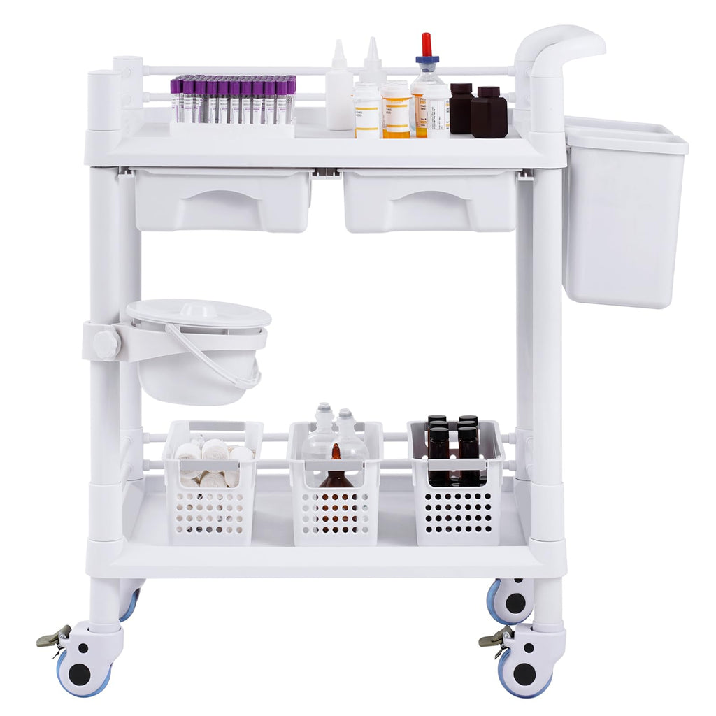 Medical Mobile Trolley Cart with 2 Drawers & 3 Trash Cans, 2 Tiers Beauty Salon Rolling Trolley with 4 Silent Wheels & 2 Dirts Bucket & Bowl, Medical Utility Cart for Hospital Dental Clinic Lab