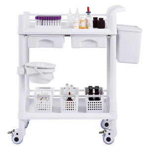 Medical Mobile Trolley Cart with 2 Drawers & 3 Trash Cans, 2 Tiers Beauty Salon Rolling Trolley with 4 Silent Wheels & 2 Dirts Bucket & Bowl, Medical Utility Cart for Hospital Dental Clinic Lab