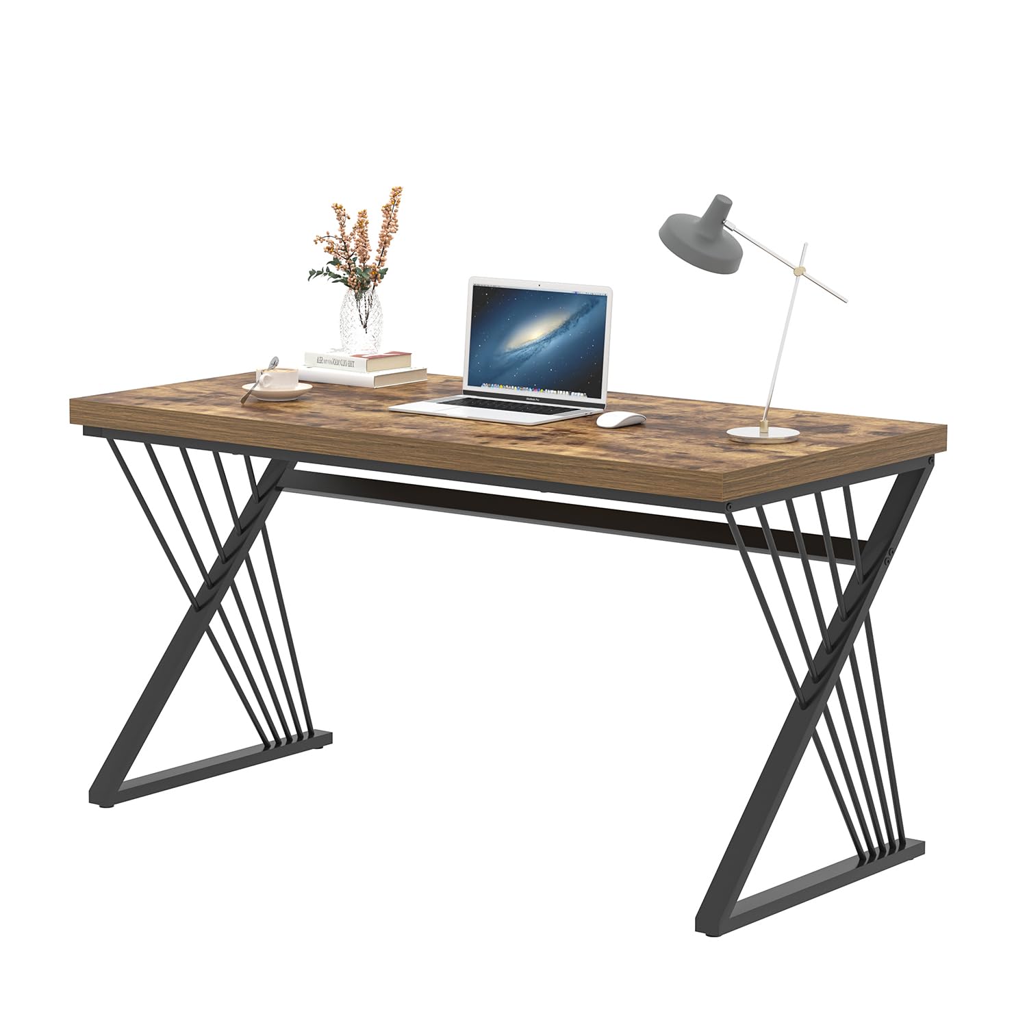 Home Office Desk, Modern Wood and Metal Computer Desk, Simple Writing Work PC Desks for Bedroom, Industrial Study Gaming Table for Living Room, Rustic Brown, 53 Inch