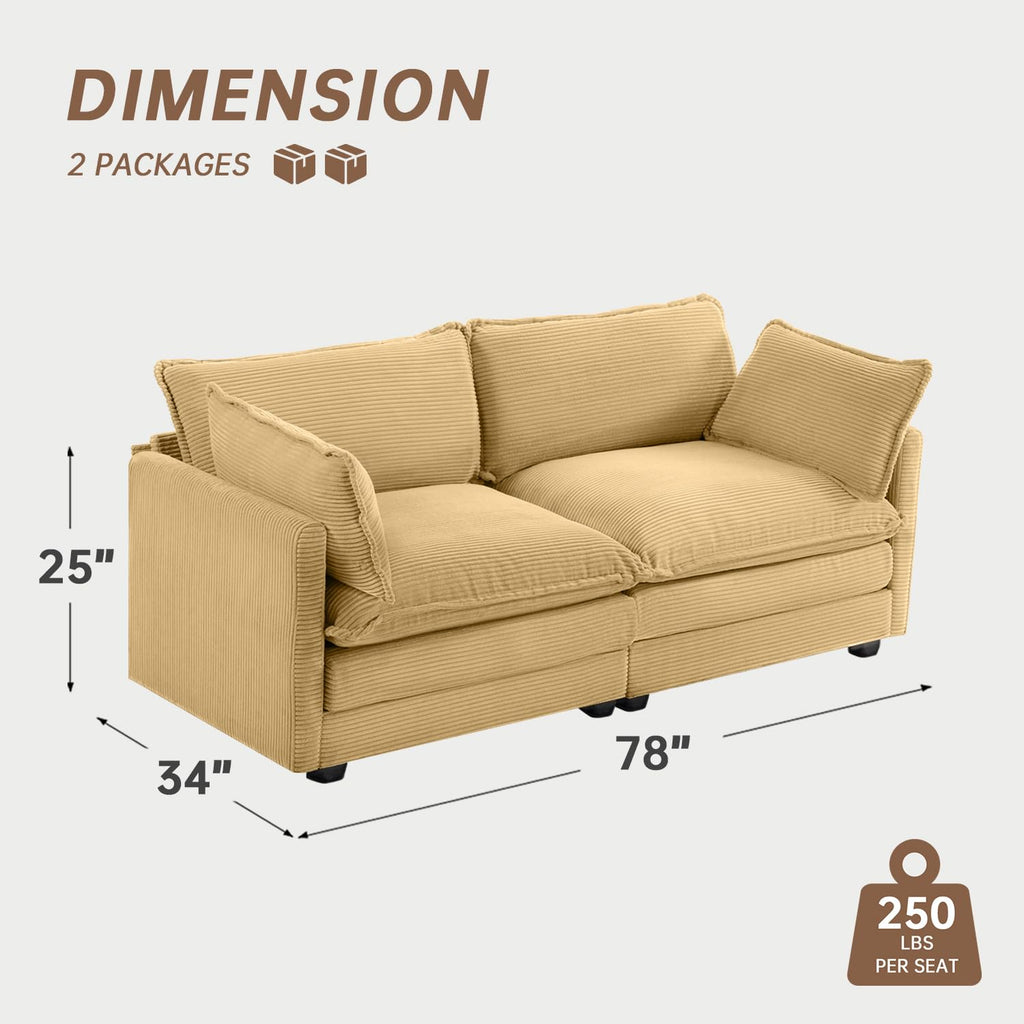 78'' Sectional 2 Seat Cloud Loveseat with 2 Throw Pillows, Modern Corduroy Love Seat, Convertible Cozy Sofa for Living Room, Bedroom and Office, Yellow