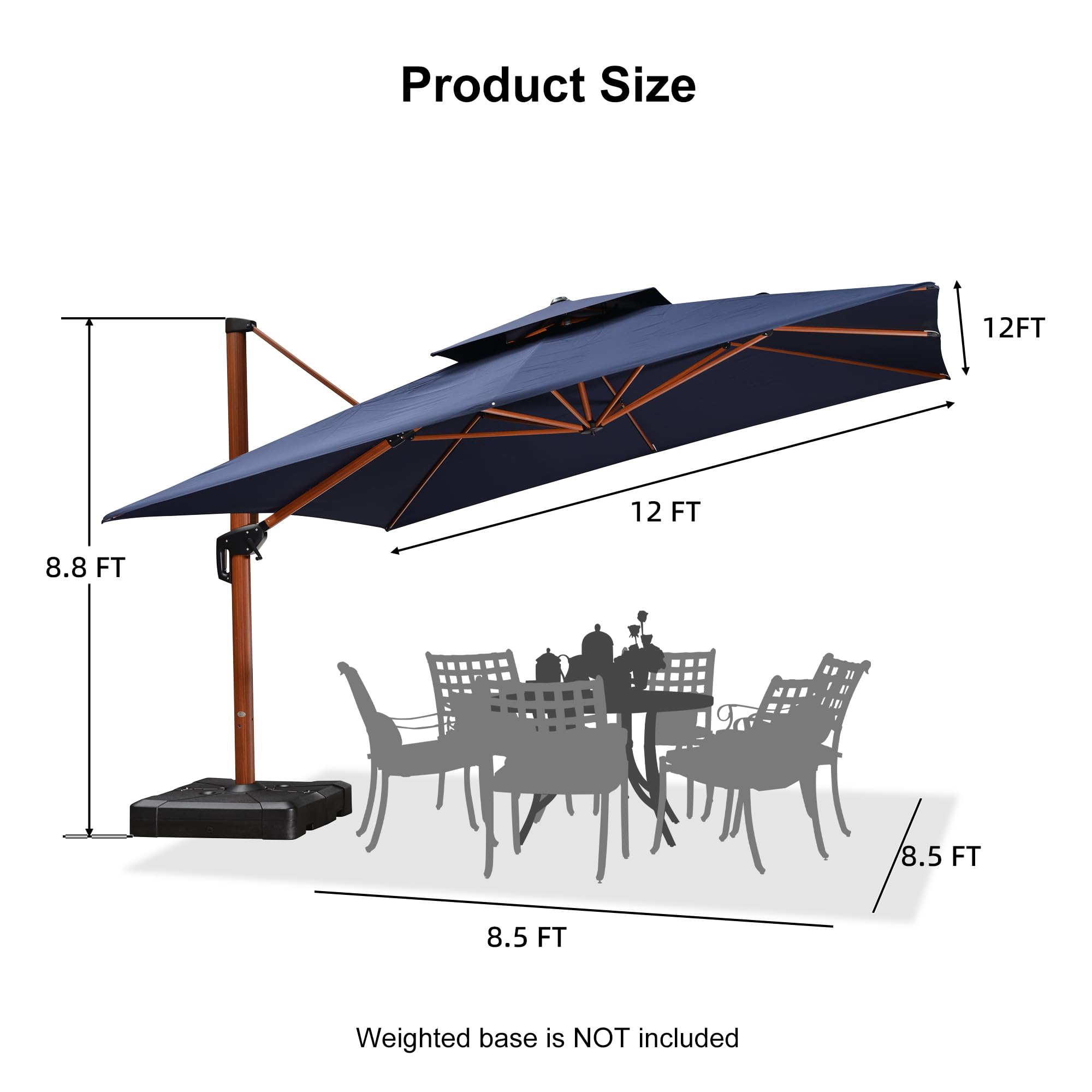 12ft Patio Umbrella Outdoor Square Umbrellas Large Cantilever Umbrella Windproof Offset Umbrellas Heavy Duty Sun Umbrella for Garden Deck Pool Patio, Navy Blue