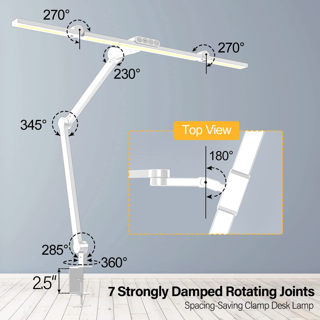 Led Desk Lamp for Home Office, White Architect Desk Lamp with Clamp for Crafting, 24W Bright Rotatable Led Table Light Stepless Dimming Tempering Wide Computer Light with Atmosphere Lighting