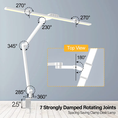 Led Desk Lamp for Home Office, White Architect Desk Lamp with Clamp for Crafting, 24W Bright Rotatable Led Table Light Stepless Dimming Tempering Wide Computer Light with Atmosphere Lighting