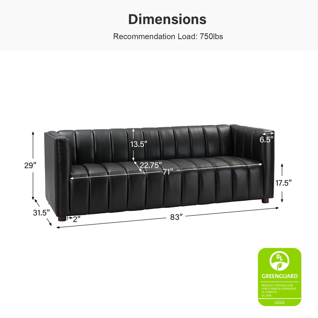 83" Genuine Leather Sofa with Channel Tufted Design, 3-Seater Sofa for Living Room Bedroom, Modern Oversized Couch with Wood Legs, Black