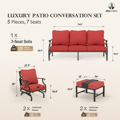 5 Pieces Patio Furniture Set, 2 x Rocking Chair, 2 x Ottoman, 1 x 3-Seat Sofa, All Cushioned 7 Seats Metal Outdoor Conversation Set for Lawn Garden Backyard