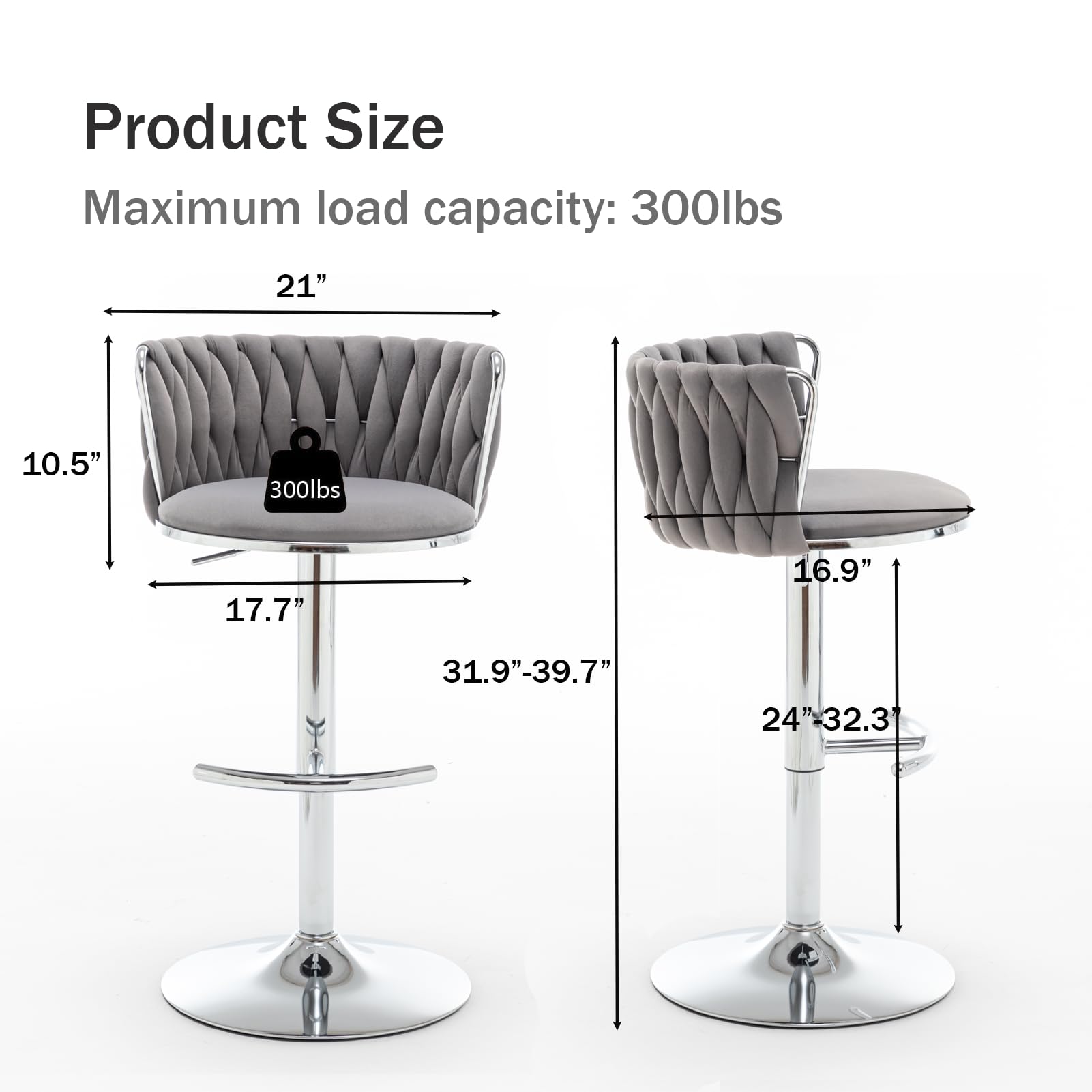 Velvet Bar Stools Set of 4, Swivel Counter Height Bar Stools with Back, Adjustable Woven Barstools for Kitchen Island, Pub, Club (Grey)