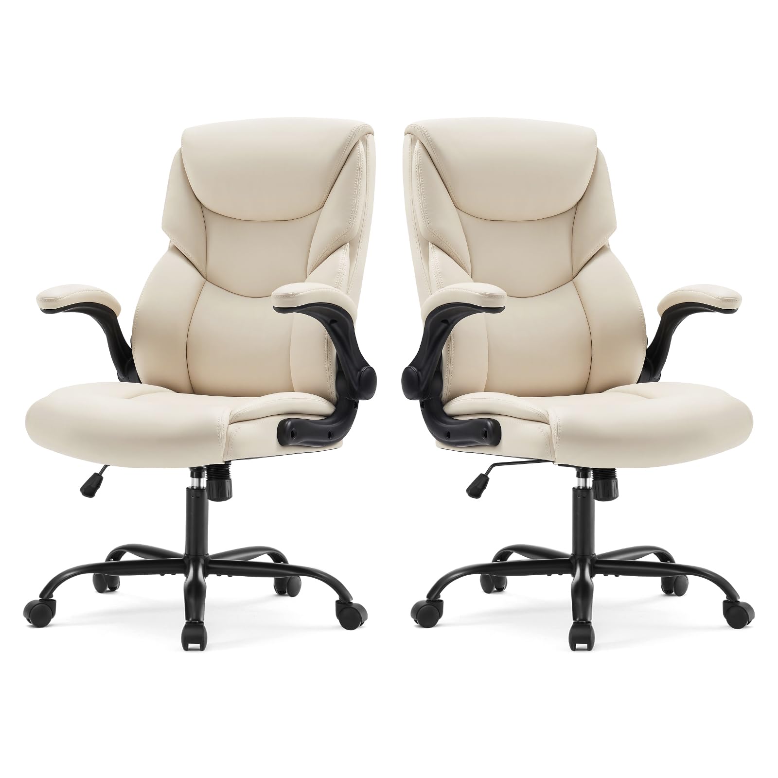 Set of 2, Ergonomic Computer Gaming Office Chair, Heavy Duty Task Desk Swivel Rolling Chairs with Wheels, Flip-up Arms, Adjustable Height, PU Leather,Cream White