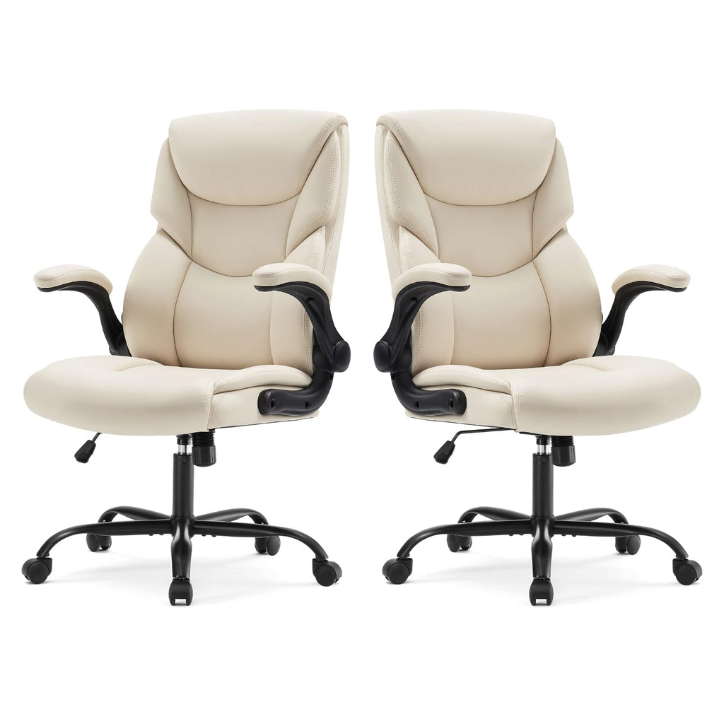 Set of 2, Ergonomic Computer Gaming Office Chair, Heavy Duty Task Desk Swivel Rolling Chairs with Wheels, Flip-up Arms, Adjustable Height, PU Leather,Cream White