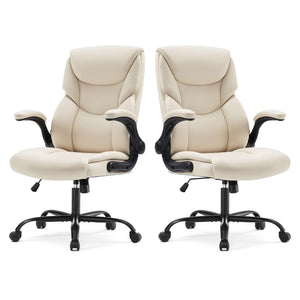 Set of 2, Ergonomic Computer Gaming Office Chair, Heavy Duty Task Desk Swivel Rolling Chairs with Wheels, Flip-up Arms, Adjustable Height, PU Leather,Cream White