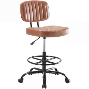 Armless Drafting Chair, Low Back Office Seat with Adjustable Footrest Ring for Standing Desk, Ergonomic PU Leather Office Seating, Swivel Rolling High Stool for Studio, Lab, Counter, Brown