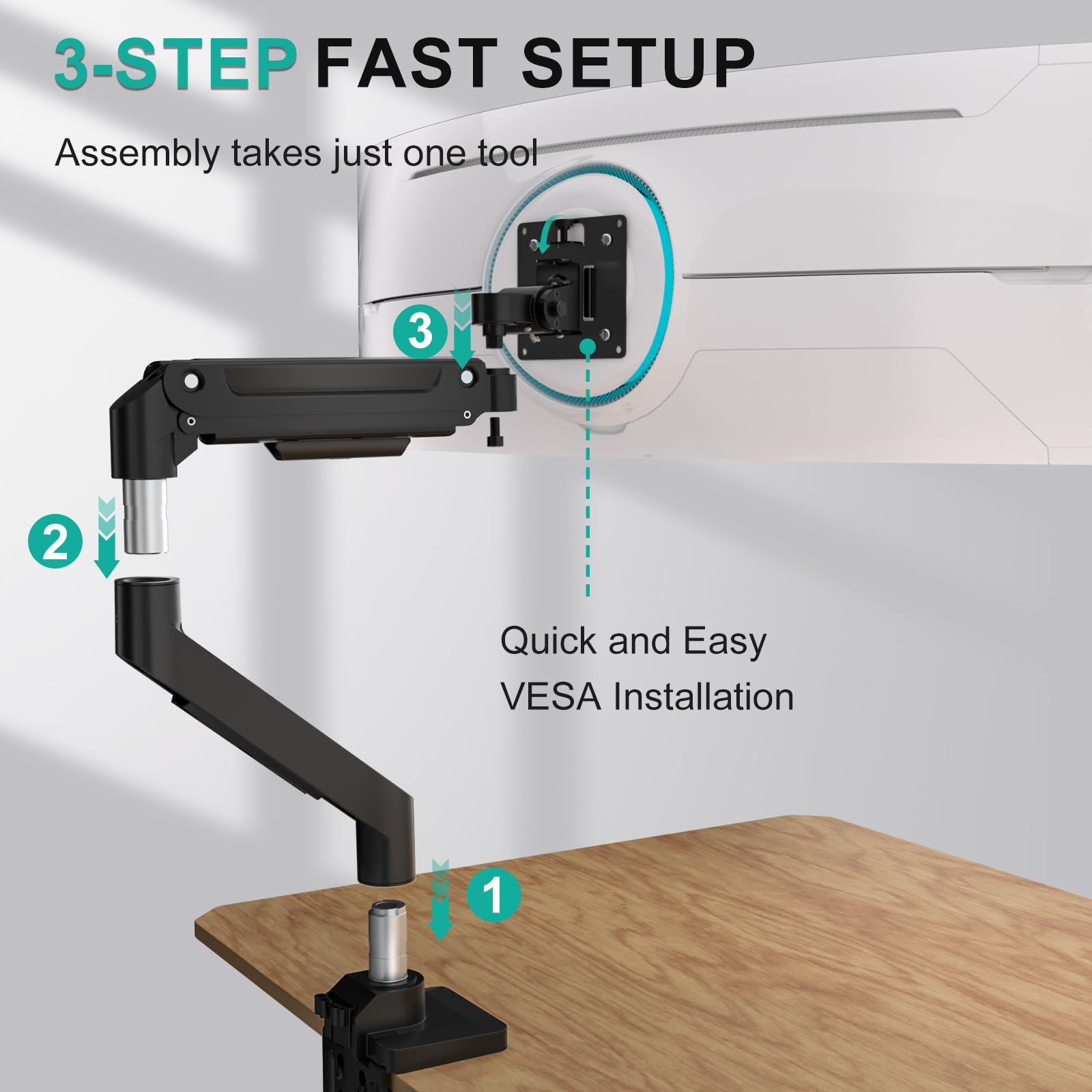Ultrawide Single Monitor Arm for 13-49 Inch Heavy Duty 1000R Curved Screens, up to 44 Lbs, Adjustable Single Monitor Desk Mount with C-Clamp, Grommet Base, 75/100mm VESA Mount (GSM001XL), Black