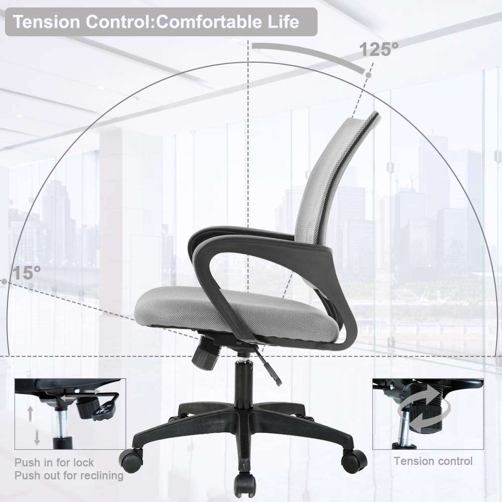 Ergonomic Office Chair | Mid-Back Swivel Desk Chair | Breathable Backrest & Lumbar Support | Adjustable Height | Sponge Seat | Rolling Wheels | Grey | for Adults & Women | Pack of 2