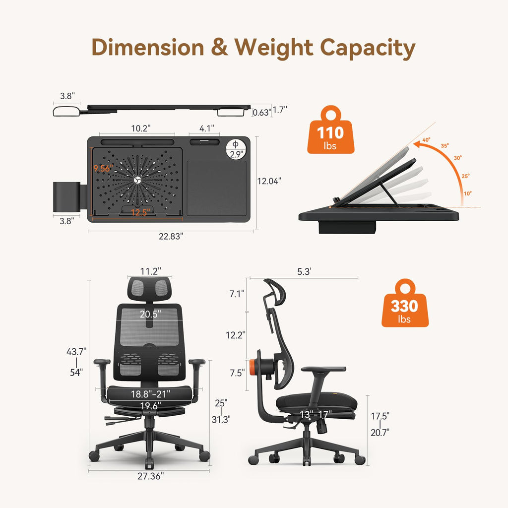 Office Chair Ergonomic with Footrest, Auto-Following Lumbar Support, High Back Desk Chair with 4D Armrest,136° Tilt Lock, Adjustable Seat Depth & Height (Upgrade with Laptop Tray, Black)
