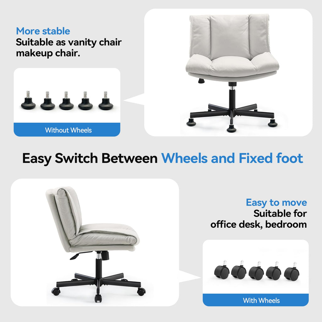 Criss Cross Chair with Wheels Swivel Rolling Armless Vanity Chair Adults Wide Seat Cross-legged Chair Convertible Fixed Wheels or Casters Desk Office Chair for Living Room, Bedroom, Makeup Room