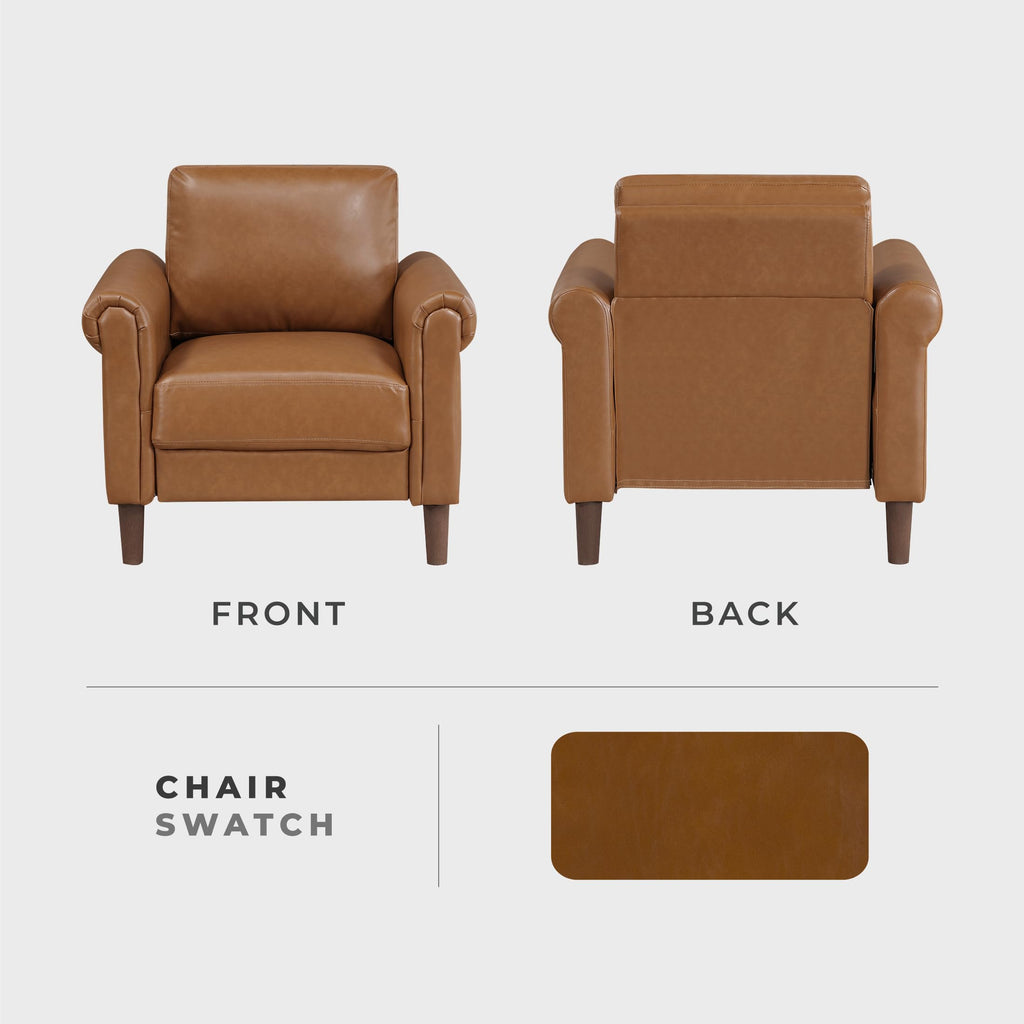 35" W Living Room Accent Chair, Faux Leather Upholstered Armchair with Rolled Armrest for Bedroom/Office/Waiting Room, Single Sofa Chair, Brown