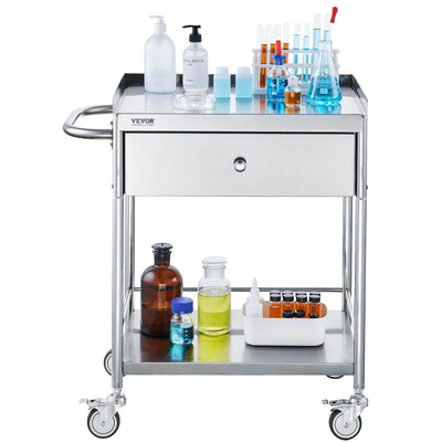 Medical Cart, 2-Layer Stainless Steel Cart 220 lbs Weight Capacity, Lab Utility Cart with 360° Silent Wheels and a Drawer for Lab, Clinic, Kitchen, Salon