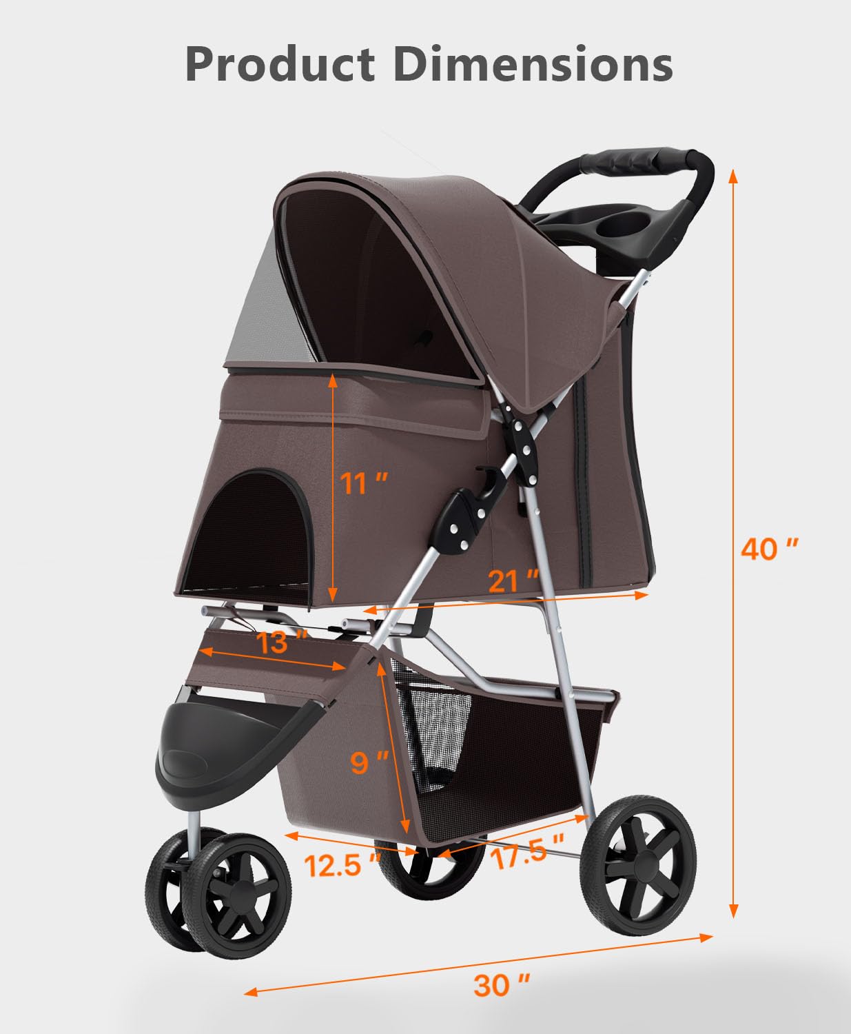 Pet Stroller with 3 Wheels for Small/Medium Pets, Portable Travel Foldable Carrier Jogger for Dog Cat Puppy Kitty, Rear Wheel Breaks, Storage Basket, Visible Mesh with Weather Cover (Coffee)