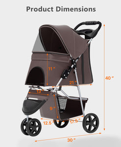 Pet Stroller with 3 Wheels for Small/Medium Pets, Portable Travel Foldable Carrier Jogger for Dog Cat Puppy Kitty, Rear Wheel Breaks, Storage Basket, Visible Mesh with Weather Cover (Coffee)