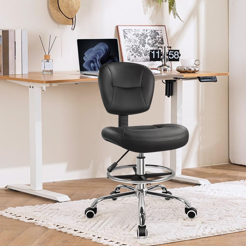 Drafting Chair with Back Footrest Adjustable Office Stool Chair 360 Swivel Rolling Stool with Wheels Desk Chair with Backrest for Drafting Office Lab Studio Counter Bedroom Kitchen Shop (Black)