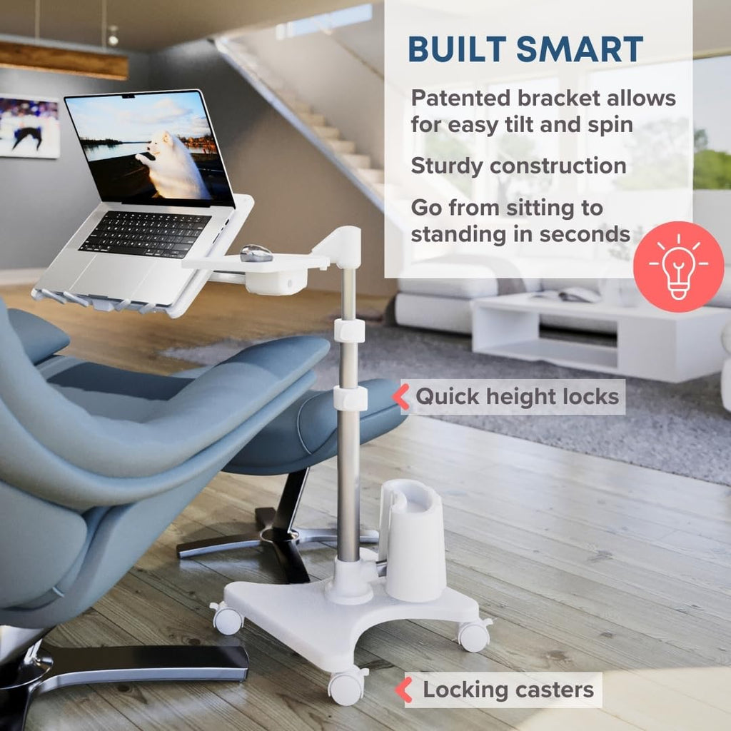 G2 Deluxe Adjustable Laptop Stand – Rolling Computer Desk & Ergonomic Table for Bed, Sofa, or Office – Portable Mobile Workstation with Tilt – Fits Devices up to 16″ - Silver & White