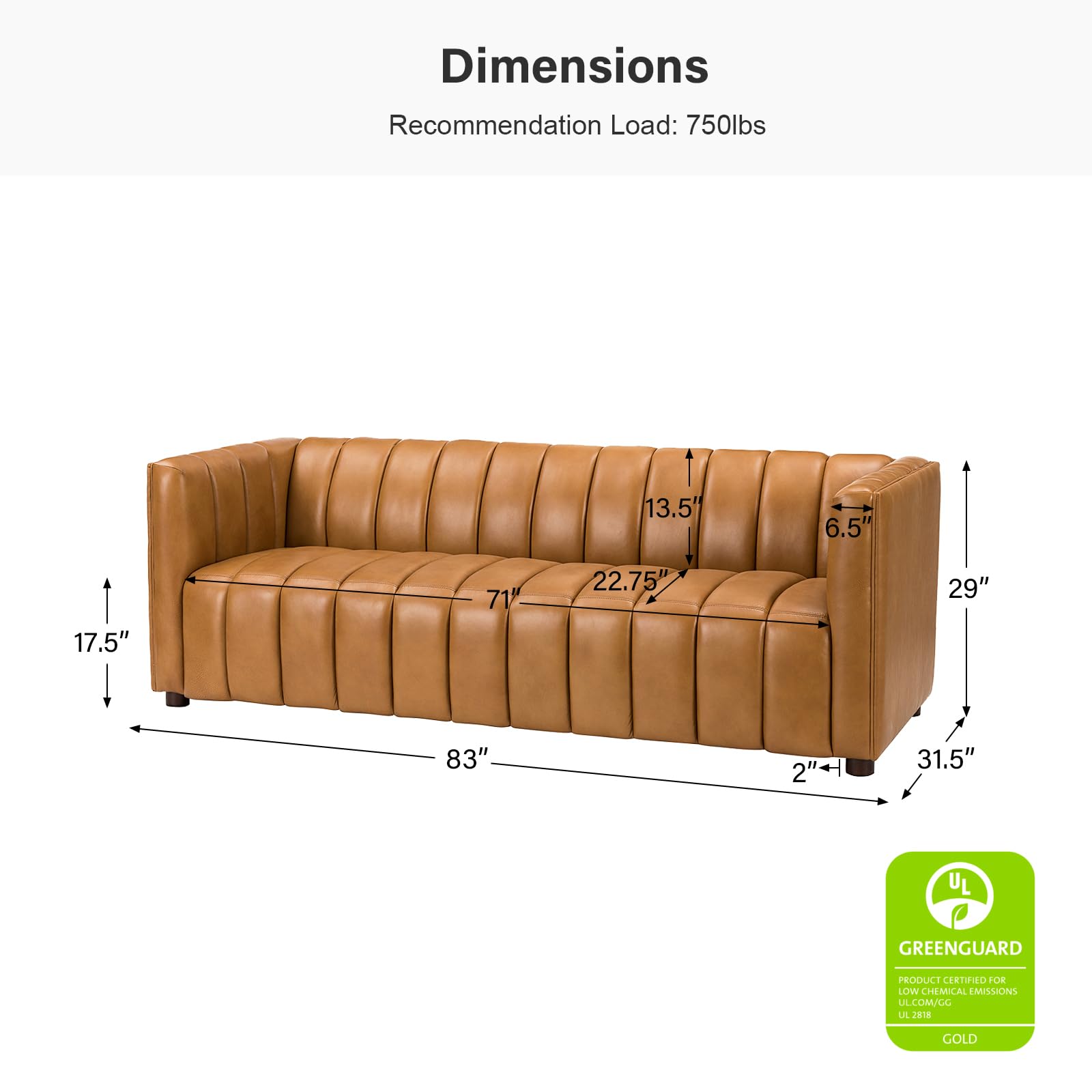 83" Genuine Leather Sofa with Channel Tufted Design, 3-Seater Sofa for Living Room Bedroom, Modern Oversized Couch with Wood Legs, Camel