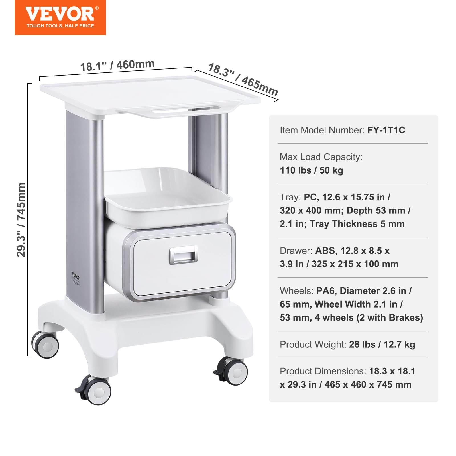 Medical Trolley Storage Cart with Removable Drawer, Rolling Lab Tray Cart with Wheels for Ultrasound, Dental Clinic, Lab, Beauty Salon, Office