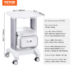 Medical Trolley Storage Cart with Removable Drawer, Rolling Lab Tray Cart with Wheels for Ultrasound, Dental Clinic, Lab, Beauty Salon, Office