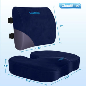 Lumbar Support Pillow & Seat Cushion Set for Office Chair, Desk Chair, Wheelchair & Car–Memory Foam Back Support,Ergonomic Chair Cushions, Sciatica Pain Relief,Home Essentials(Blue,XL)