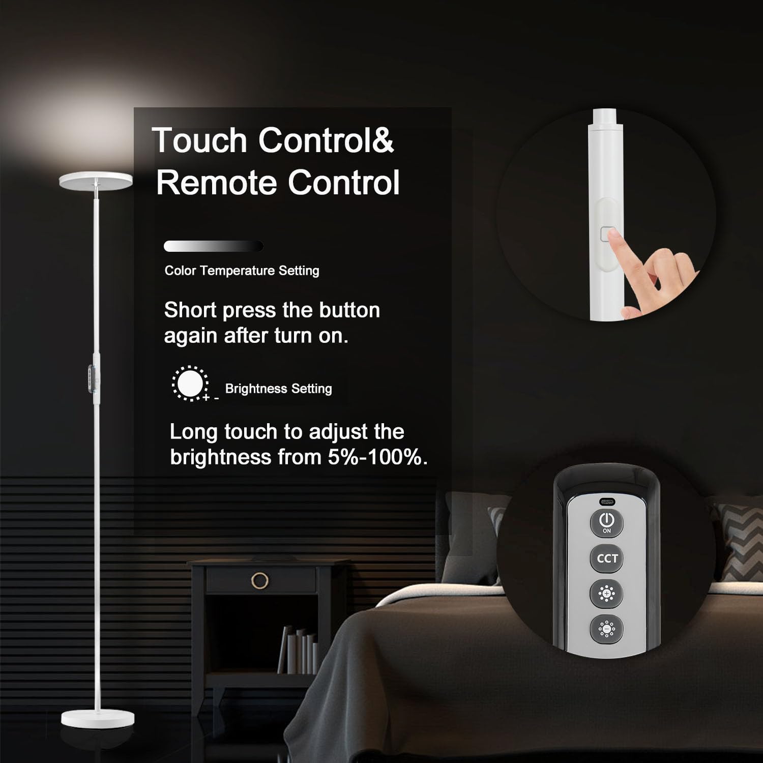 Floor Lamp,30W/2400LM Sky LED Modern Torchiere 3 Color Temperatures Super Bright -Tall Standing Pole Light with Remote & Touch Control for Living Room,Bed Room,Office (Pearl White)