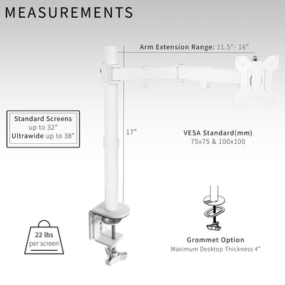 Single Monitor Arm Desk Mount, Holds Screens up to 32 inch Regular and 38 inch Ultrawide, Fully Adjustable Stand with C-Clamp and Grommet Base, VESA 75x75mm or 100x100mm, White, STAND-V001W