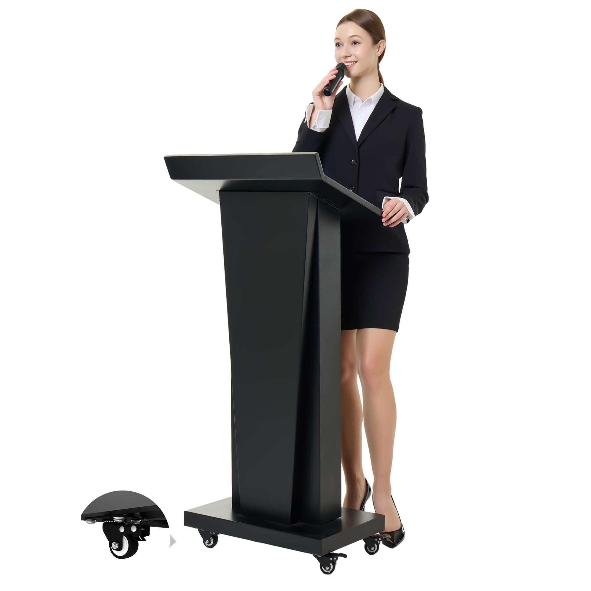 Podium Stand with 4 Locking Wheels, Lecterns & Podiums for Church School Office Conference Home, Heavy Duty Metal, Large Storage Area, Slant Desktop, 50.4" H
