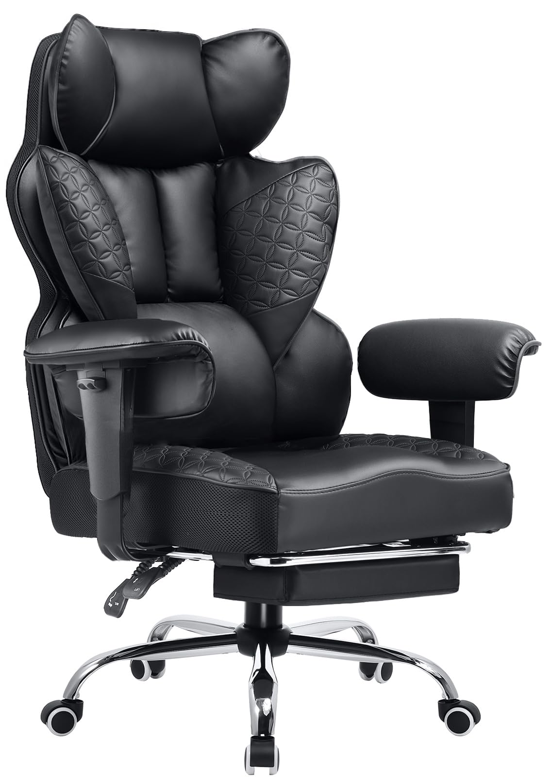 Big and Tall Office Chair Heavy Duty Wide Ergonomic Gaming Chair with Deluxe Embossing Designed Leather with Foot Rest,150°Reclining Adjustable Armrests Pocket Spring Back Support and Pillow