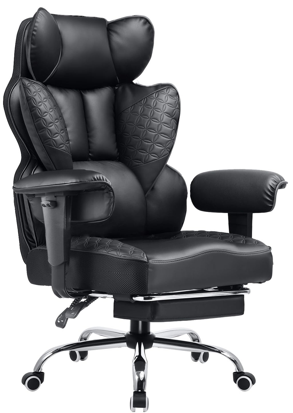 Big and Tall Office Chair Heavy Duty Wide Ergonomic Gaming Chair with Deluxe Embossing Designed Leather with Foot Rest,150°Reclining Adjustable Armrests Pocket Spring Back Support and Pillow