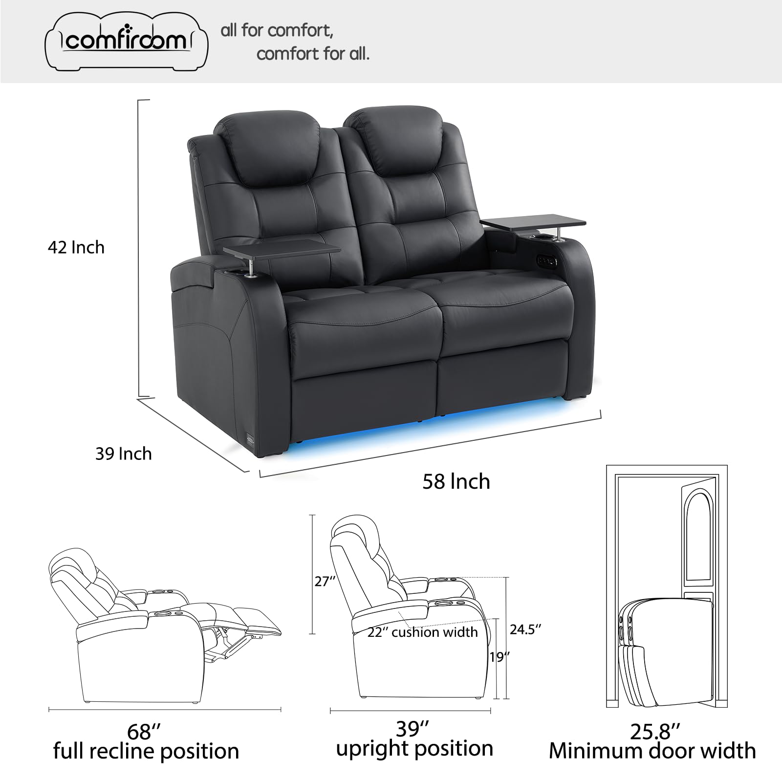 Home Theater Seating Simple Style Seats Top Grain Leather Loveseat Recliner Chair Dual Power Movie Theater Chairs Gaming Sofa with Tray Table (Black, Row of 2 Loveseat)