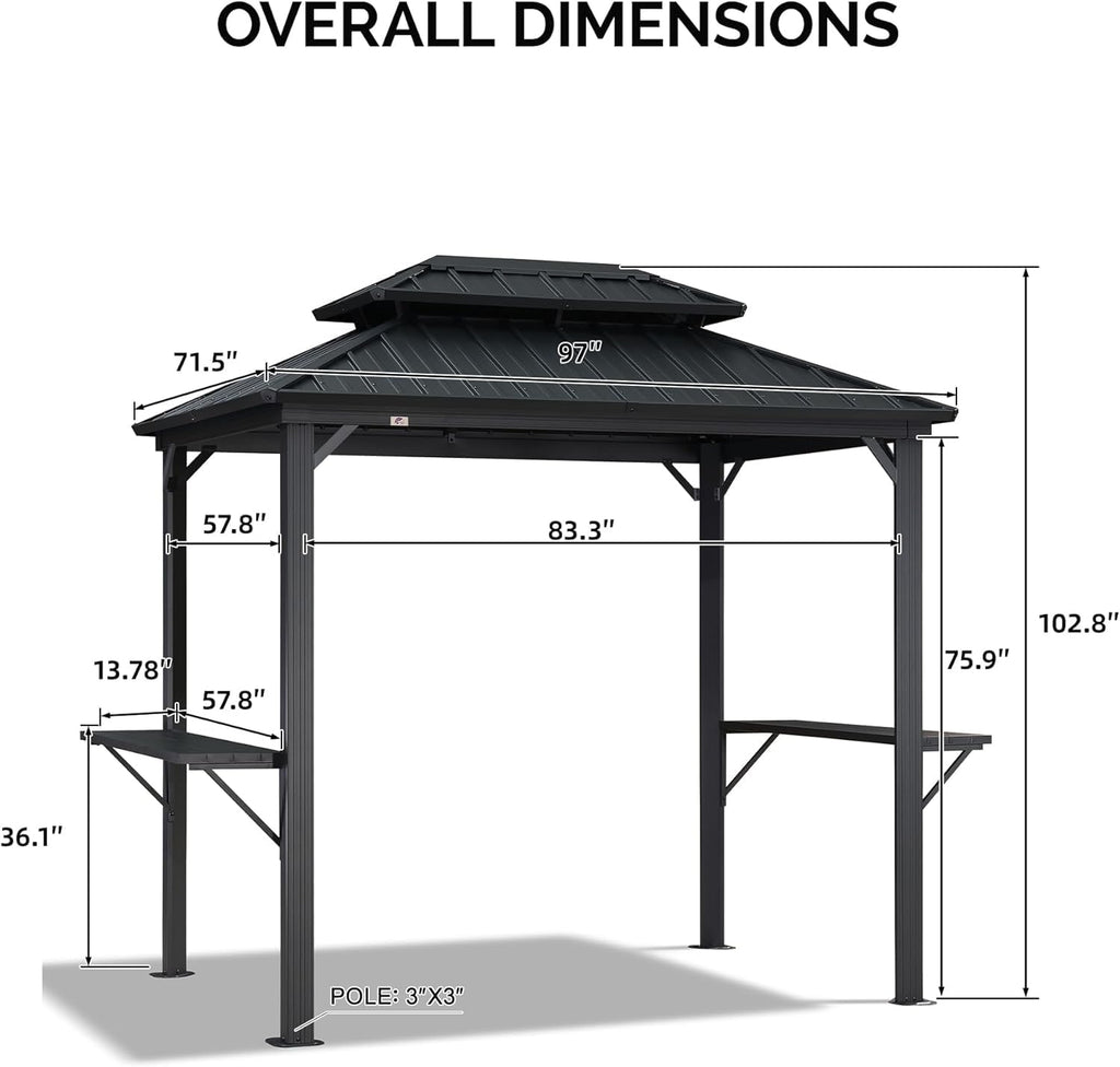 6' X 8' Hardtop Grill Gazebo for Patio Permanent Aluminum Barbeque Shelter Canopy with Ceiling Hook and Shelves Double Tiered Grey Outdoor BBQ Gazebo