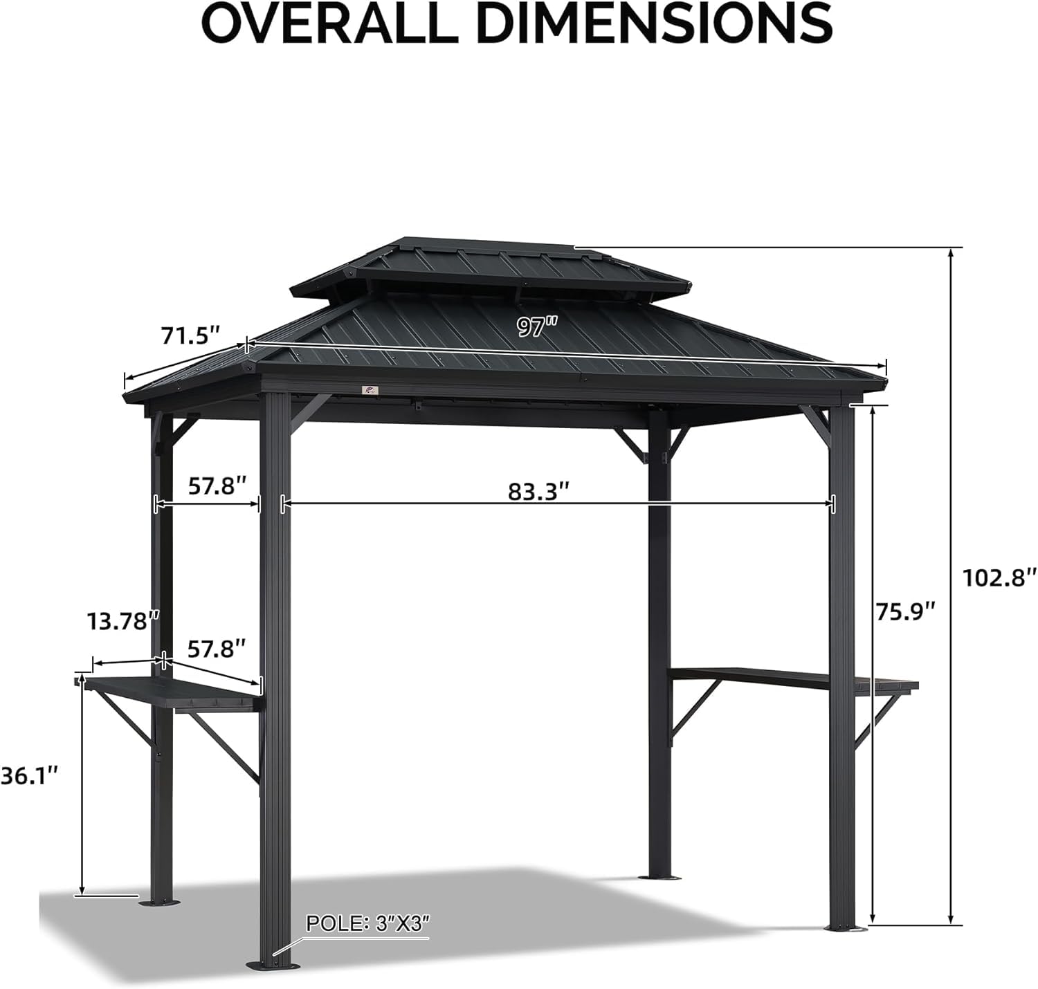 6' X 8' Hardtop Grill Gazebo for Patio Permanent Aluminum Barbeque Shelter Canopy with Ceiling Hook and Shelves Double Tiered Grey Outdoor BBQ Gazebo