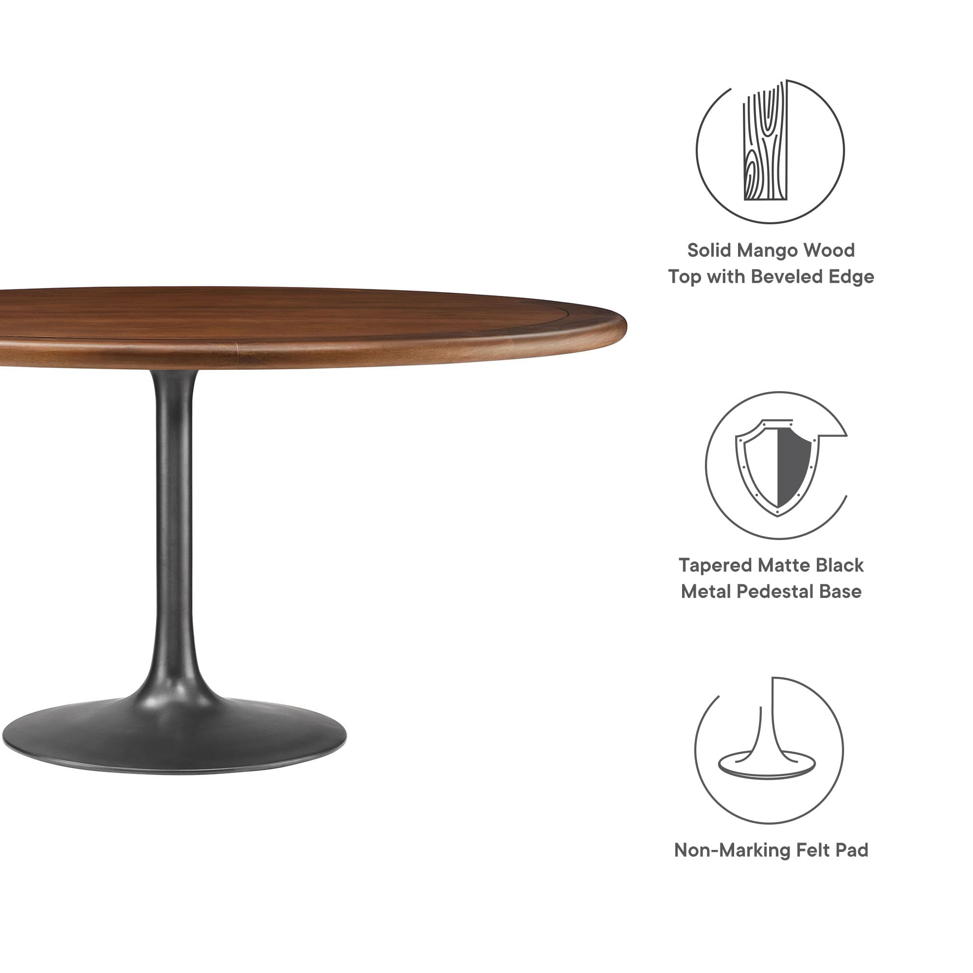 60 Inch Round Wood Dining Table with Metal Pedestal in Black Walnut - Modern Industrial Dining Table for 6 People - Solid Wood Tulip Kitchen Table