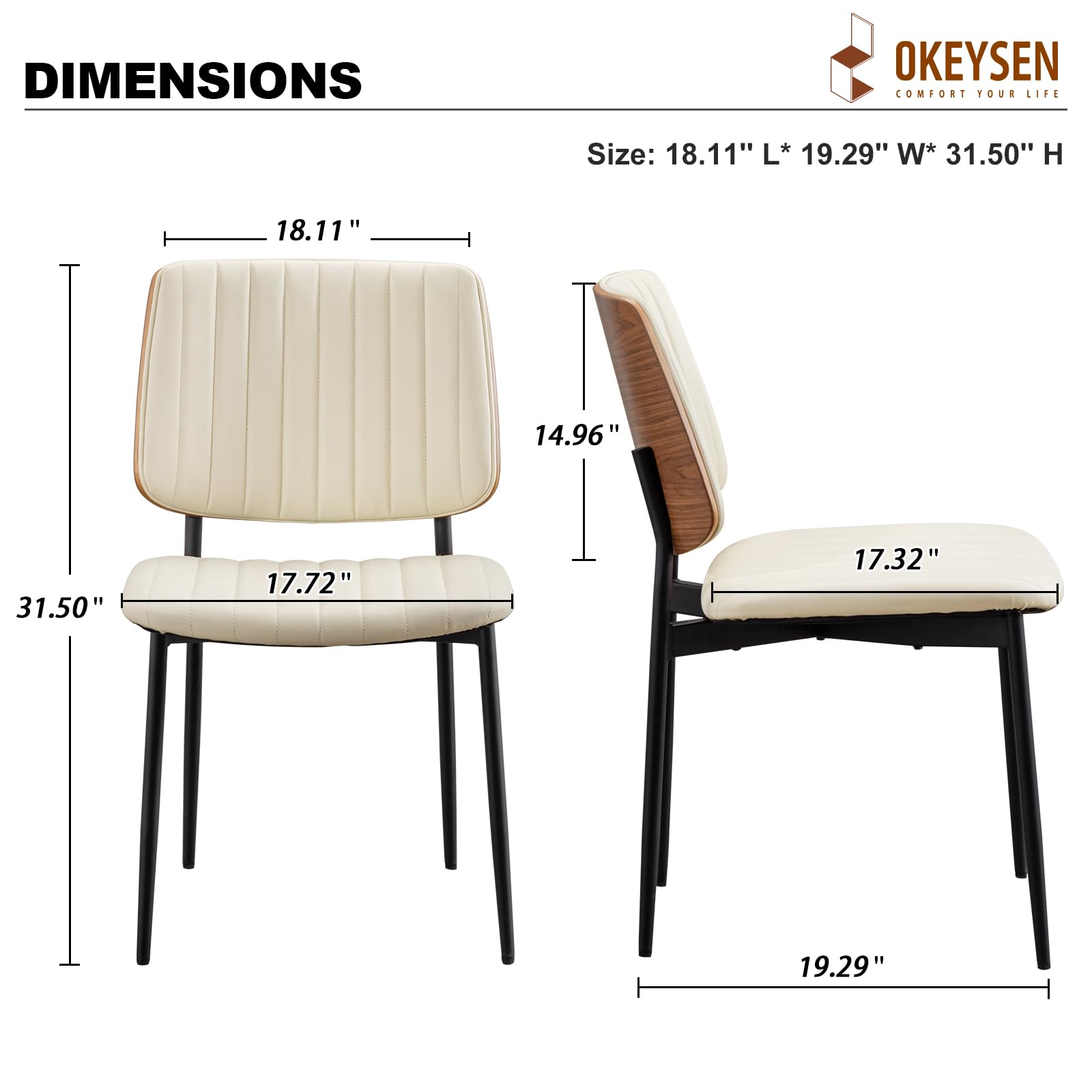 Leather Dining Chairs Set of 2, Mid Century Modern Dining Chairs with Bentwood Backrest and Upholster Seat,Armless Kitchen Chairs with Metal Legs Adjustable Foot for Dining Room(Beige)