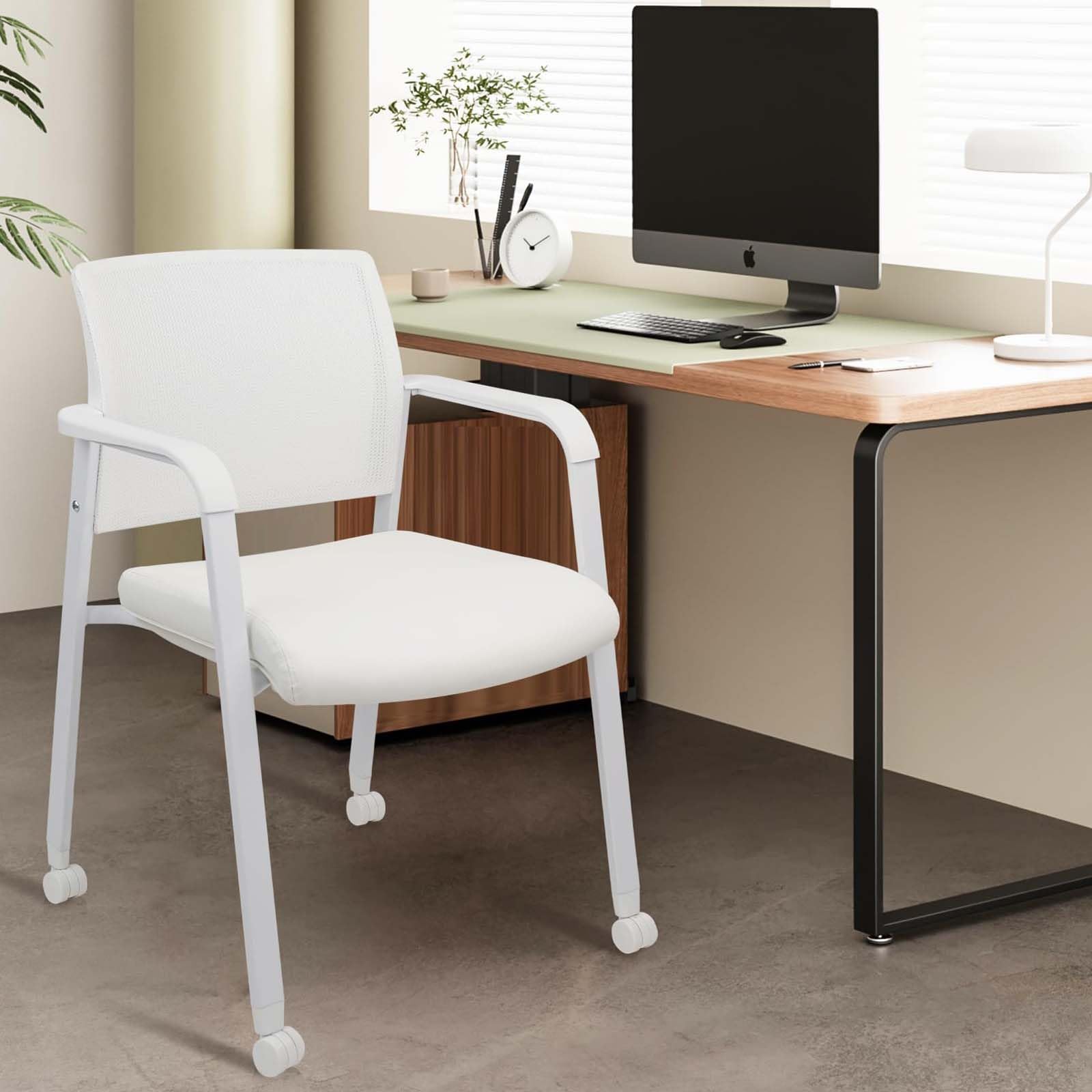 Stacking Office Chairs with Wheels | Mesh Back, Thicken Leather Seat and Streamline Armrests, Ergonomic Lumber Support | School, Desk, Guest Reception, Waiting, Conference, White