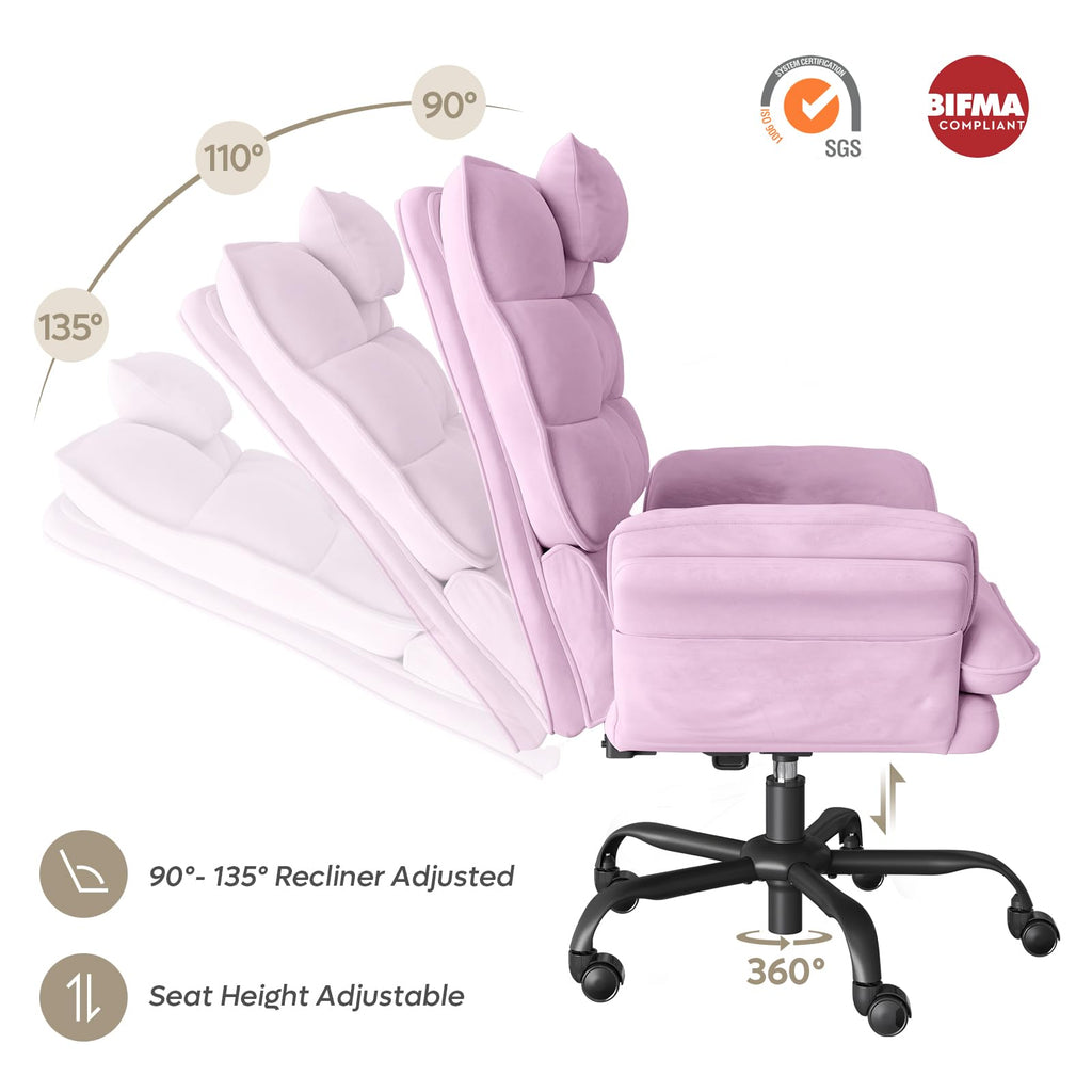 Criss Cross Chair with Flip-Up Armrests and Headrest, 135° Reclining Swivel Executive Chair with Side Pockets, Big and Tall Computer Desk Chair for Home Office Bedroom, Pink Velvet