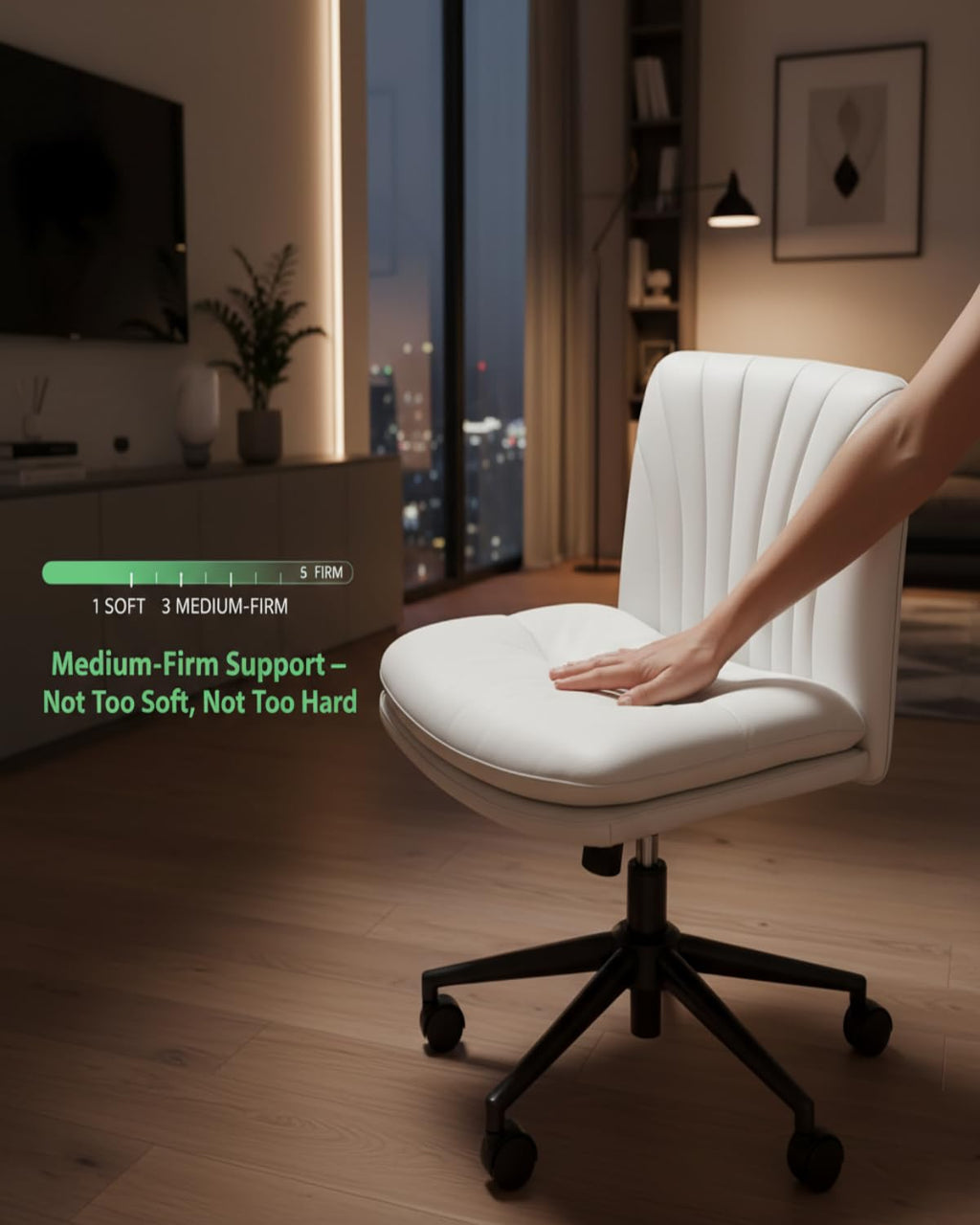 Armless-Office Desk Chair with Wheels: PU Leather Cross Legged Wide Chair,Comfortable Adjustable Swivel Task Chairs for Home,Office,Make Up,Small Space,Bed Room(Light Beige)