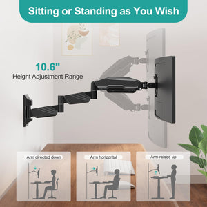 Monitor Wall Mount for 13 to 32 inch Computer Screen, Extra Long Adjustable Single Wall Mount Monitor Arm, Full Motion Vesa Wall Bracket 100x100, Hold up to 17.6lbs, Black