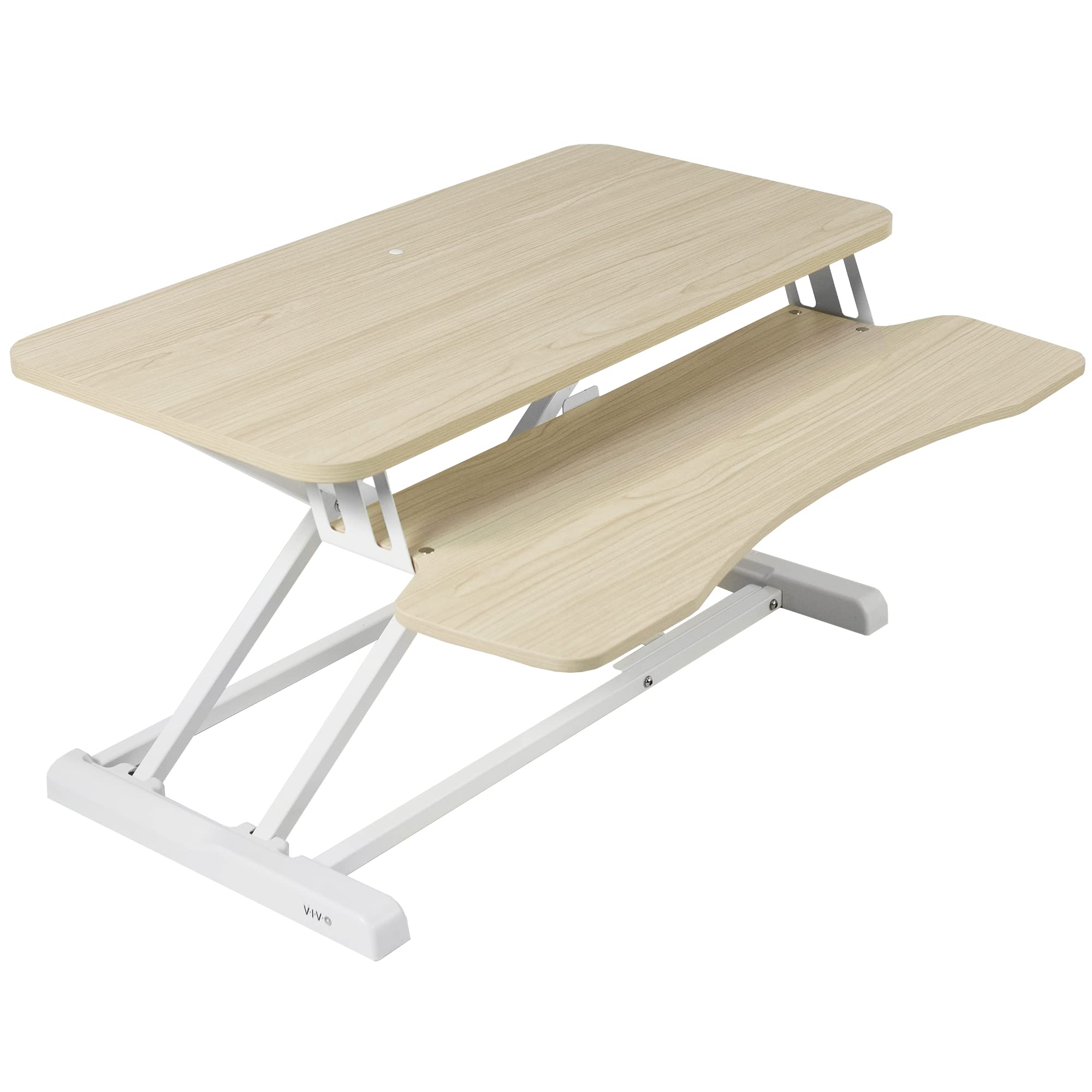 32 inch Desk Converter, K Series, Height Adjustable Sit to Stand Riser, Dual Monitor and Laptop Workstation with Wide Keyboard Tray, Light Wood Top, White Frame, DESK-V000KF